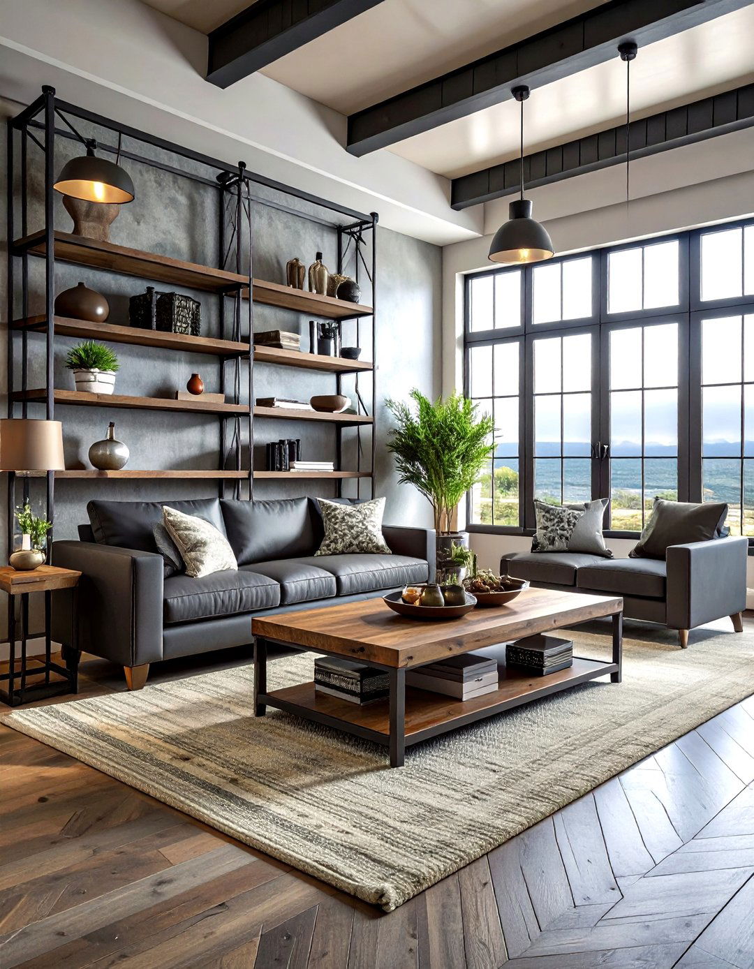 Industrial coastal living room decor - 30 coastal black living room ideas