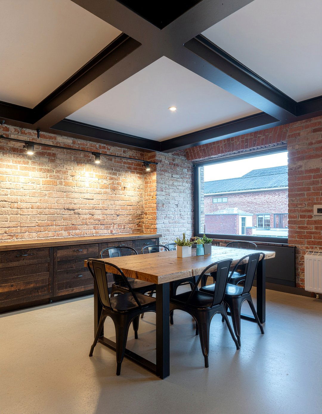 Industrial coffered ceiling with metal beams - 30 dining room coffered ceiling ideas