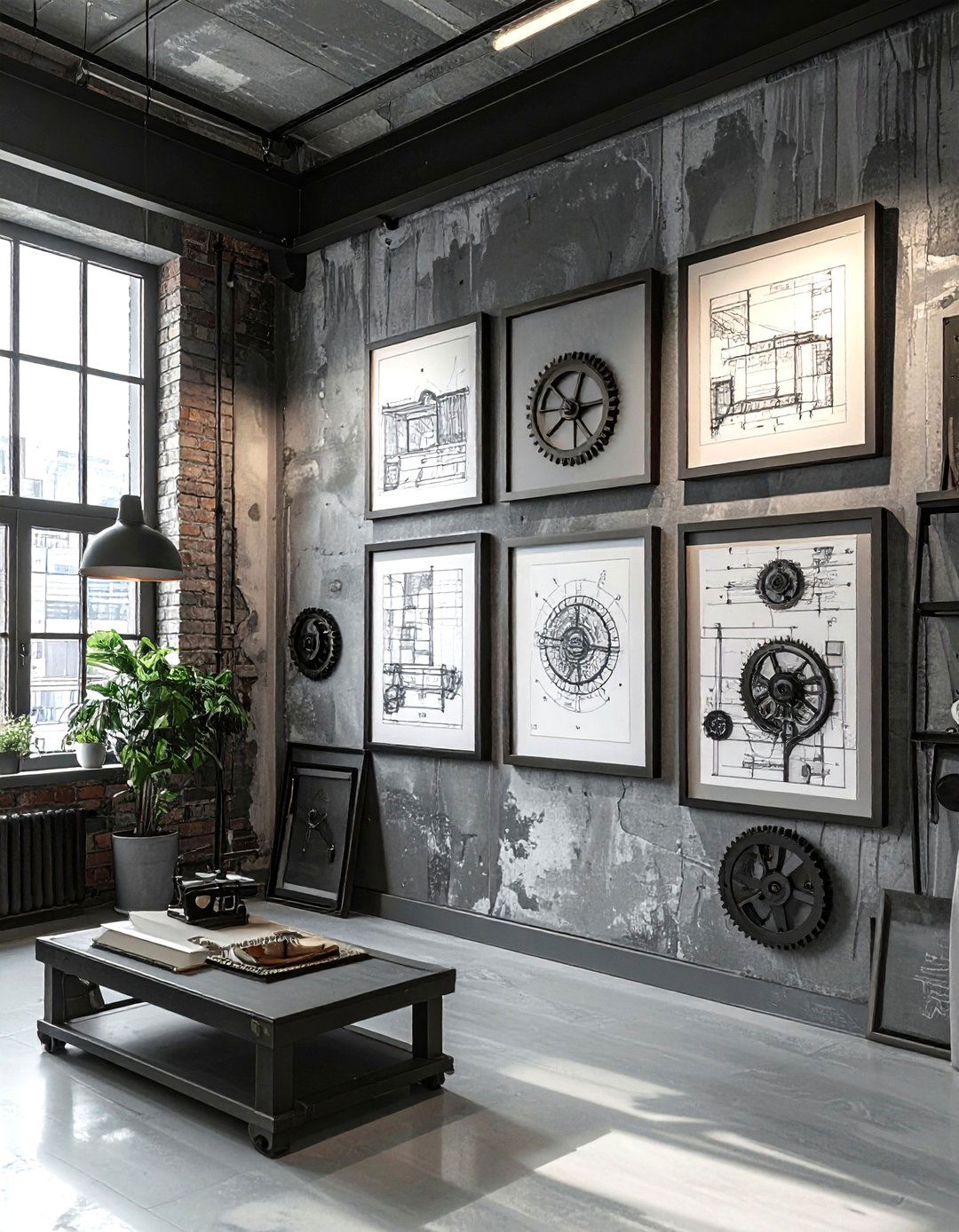 Industrial gallery wall grey - 30 industrial grey living room ideas