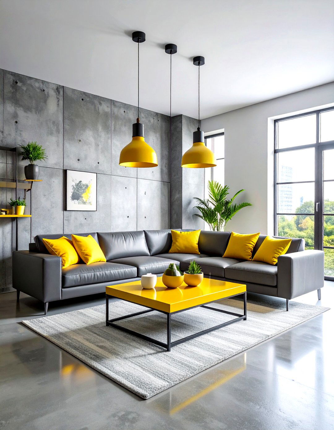 Industrial gray and yellow living space - 30 gray and yellow living room ideas