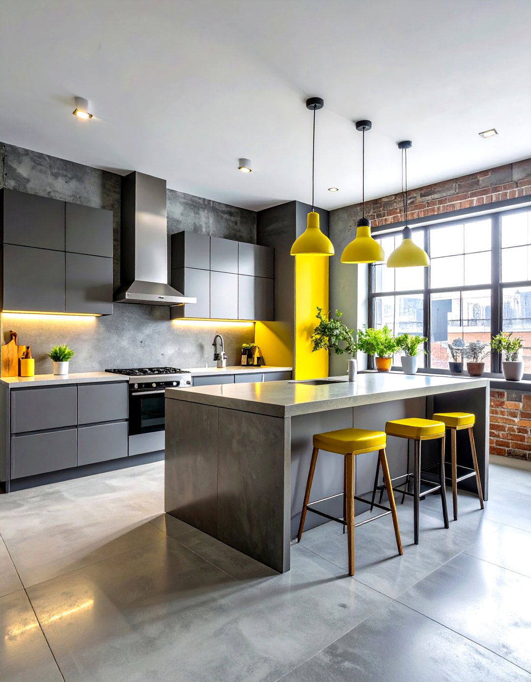 Industrial gray kitchen with yellow light fixtures - 30 gray and yellow kitchen ideas