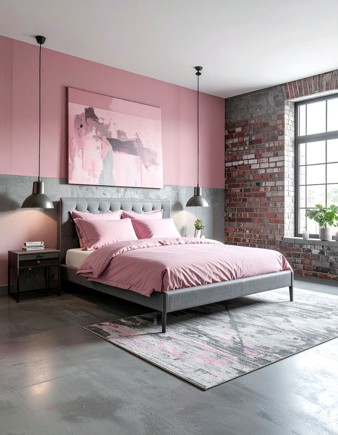 Industrial gray pink accent bedroom - 30 pink gray bedroom ideas