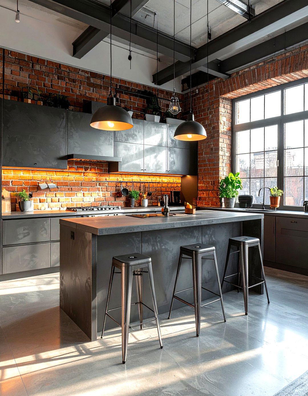 Industrial grey kitchen with metal bar stools - 30 grey kitchen accessories ideas