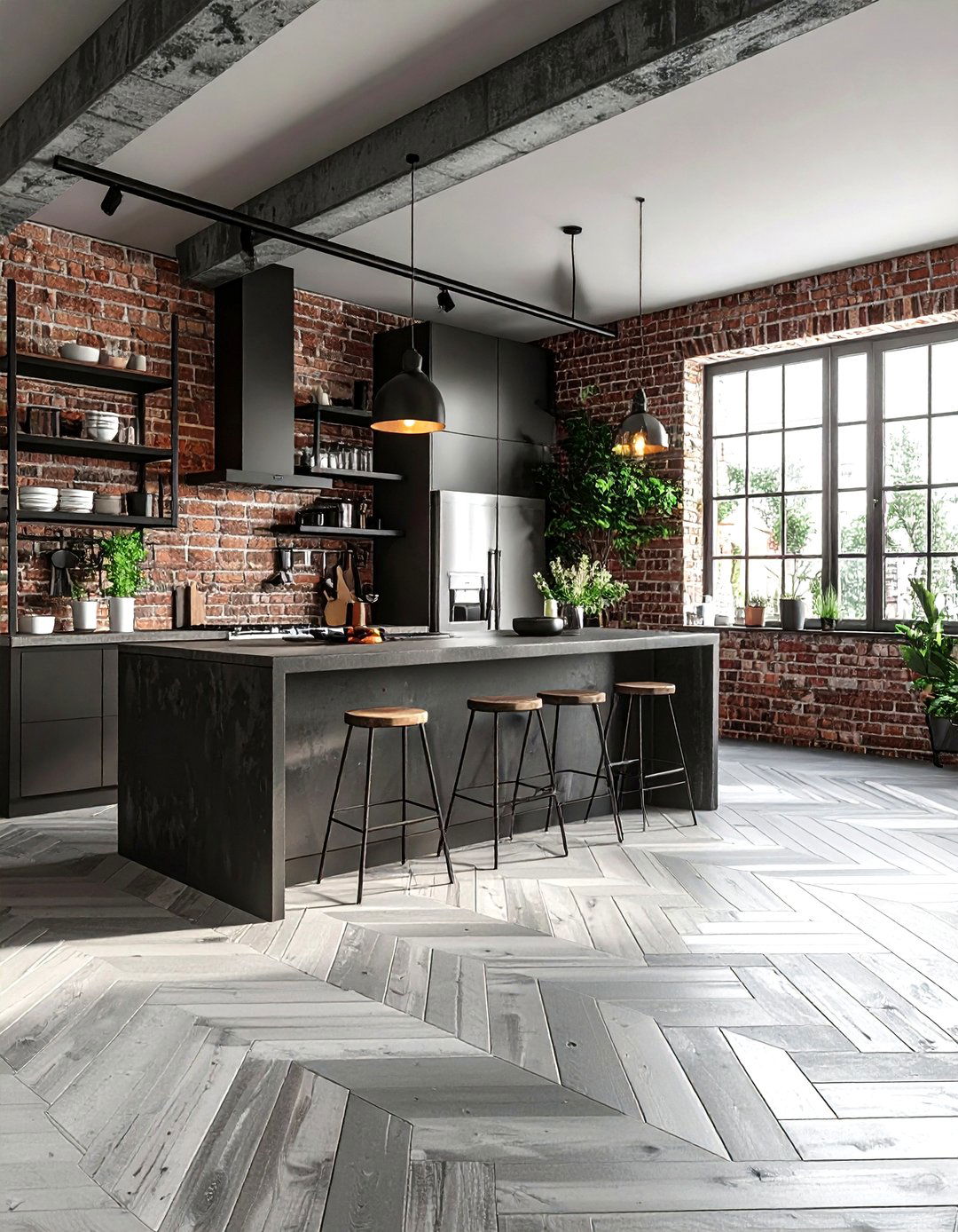 Industrial kitchen concrete herringbone floor - 30 herringbone floor kitchen ideas
