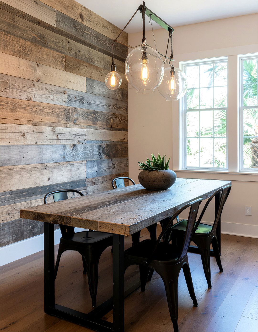 Industrial metal and reclaimed wood dining - 30 dining room finish mixing ideas