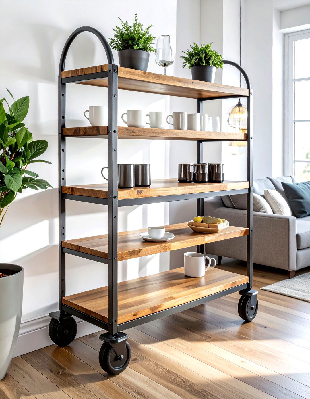 Industrial metal bar cart - 30 living room black metal furniture ideas