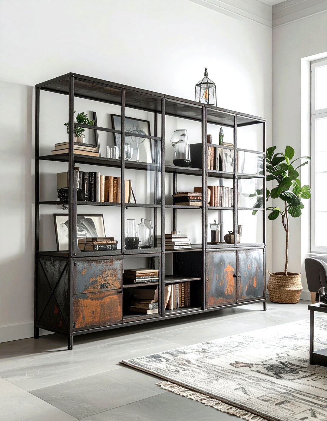 Industrial metal cabinet - 30 living room black metal furniture ideas