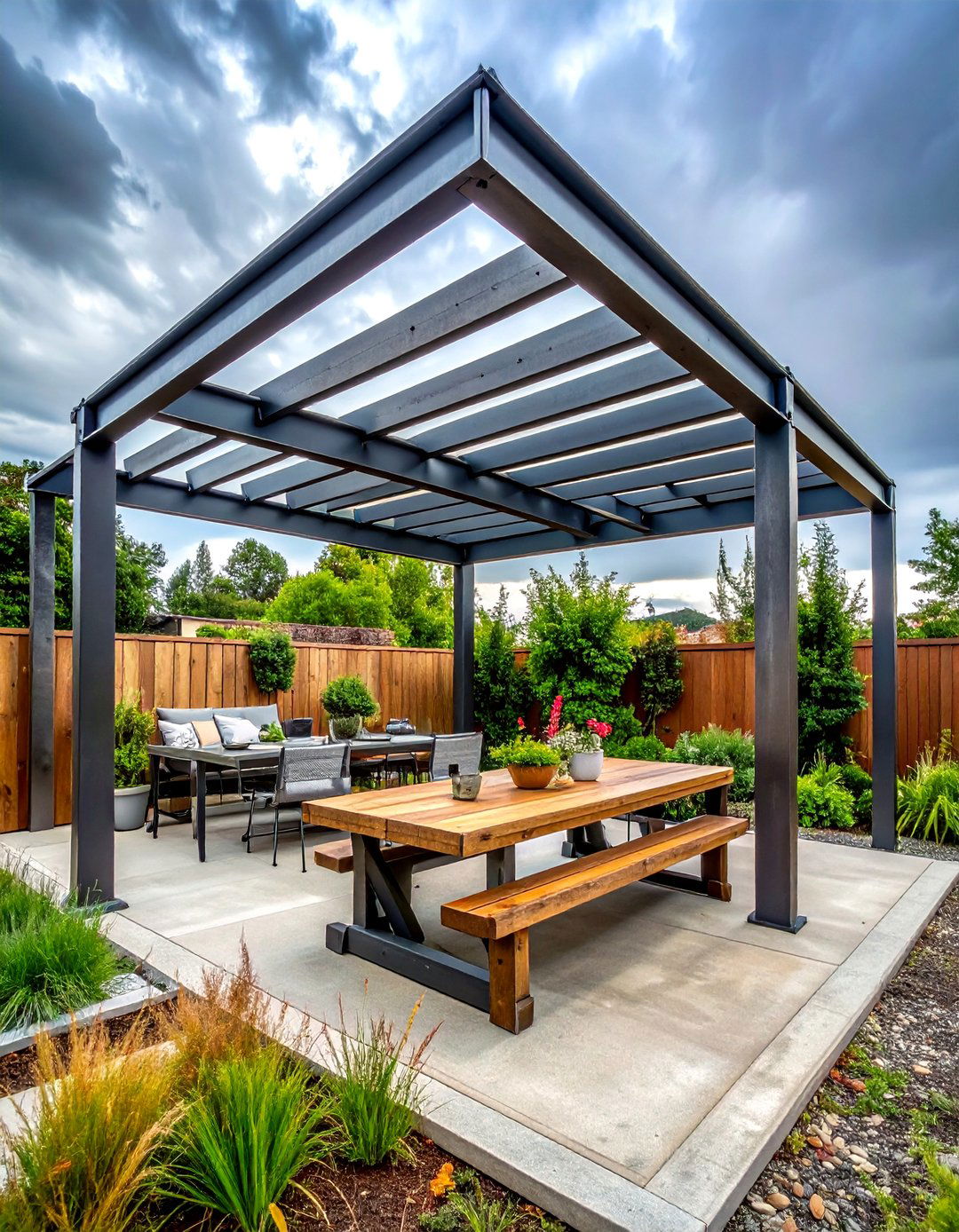 Industrial metal pergola - 30 pergola dining ideas