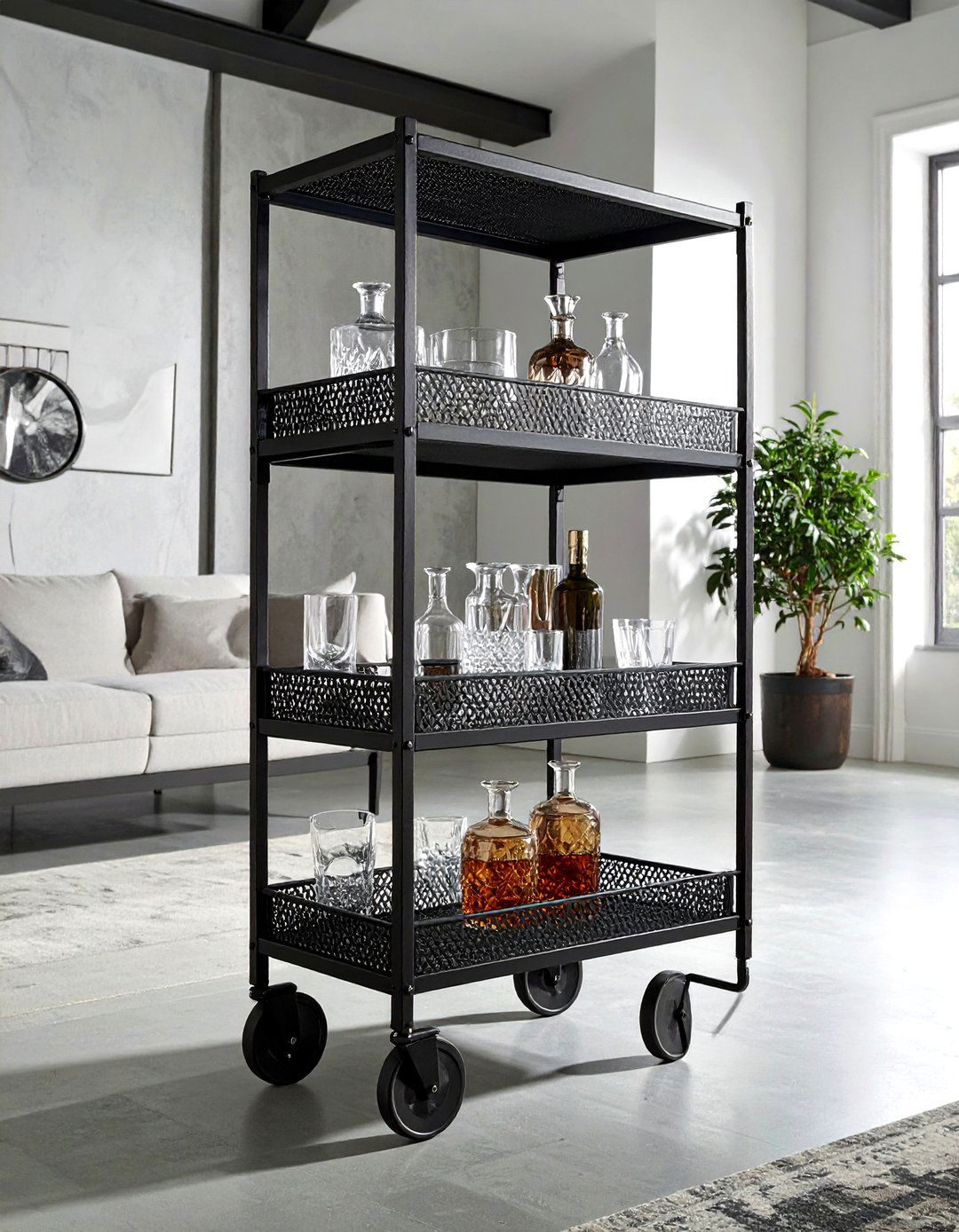 Industrial metal rolling cart - 30 living room iron furniture ideas