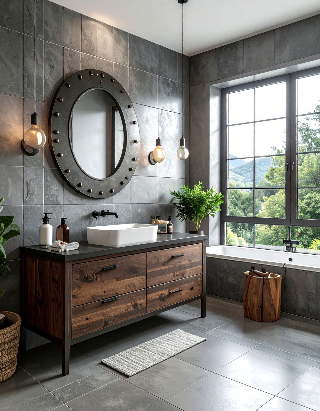 Industrial oval mirror with studs - 30 oval bathroom mirror ideas