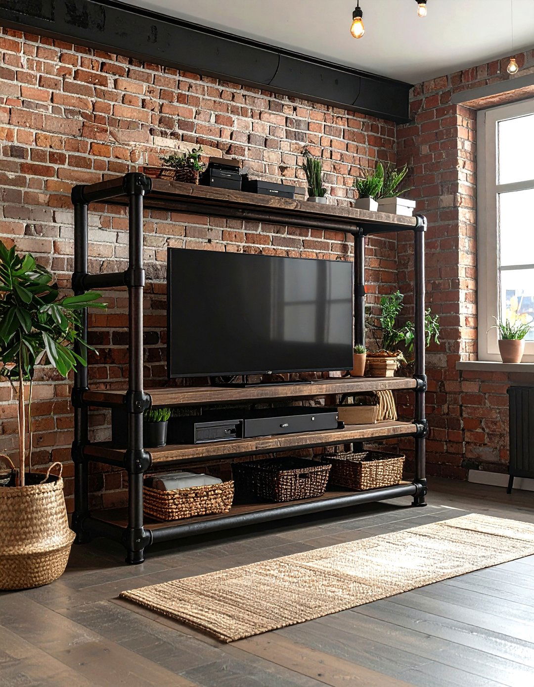 Industrial pipe TV stand - 30 living room pipe furniture ideas