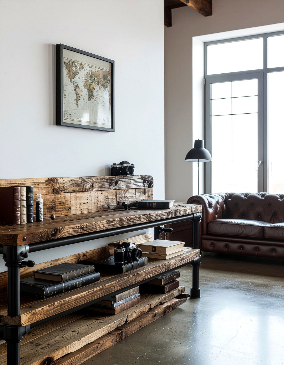 Industrial pipe and wood bookshelf - 30 living room bookshelf ideas