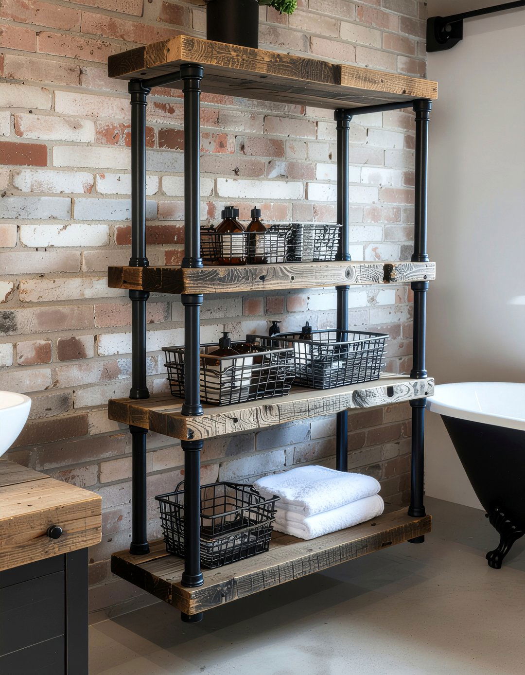 Industrial pipe bathroom shelf - 30 bathroom shelf styling ideas