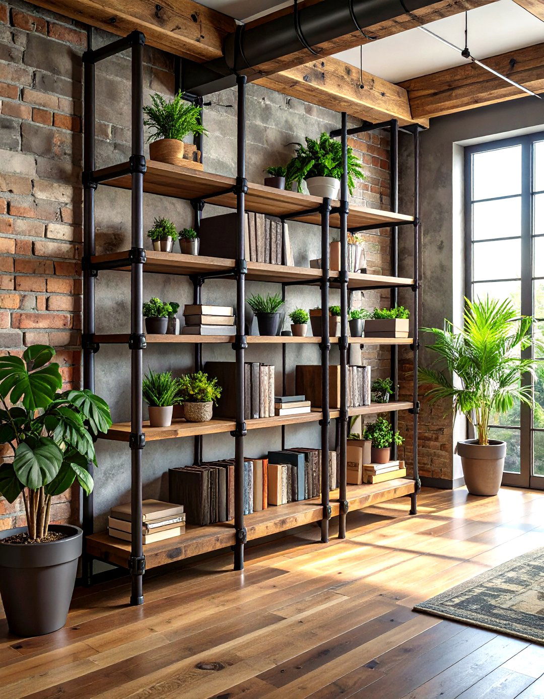 Industrial pipe bookshelf - 30 living room reclaimed furniture ideas