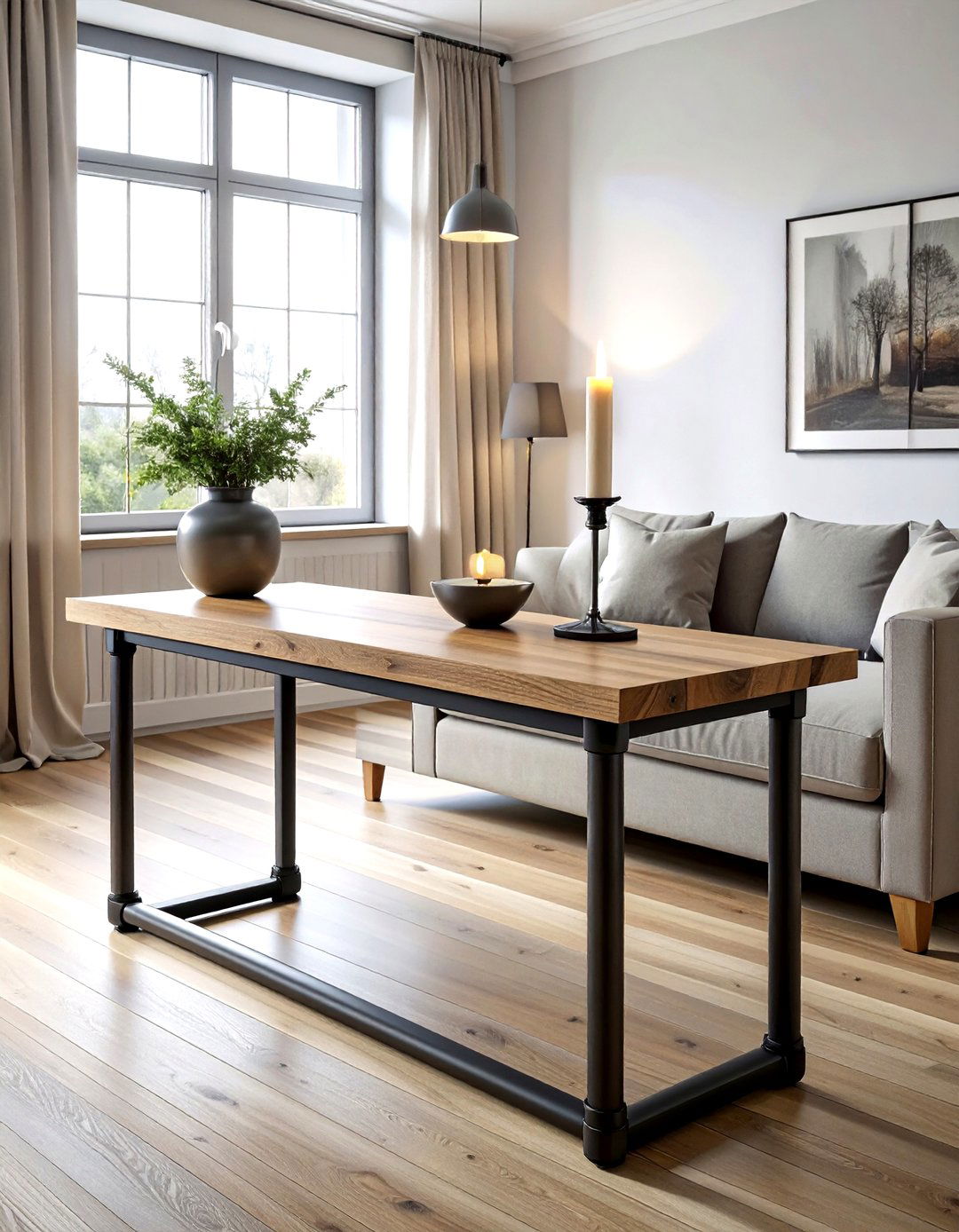 Industrial pipe console table - 30 living room pipe furniture ideas