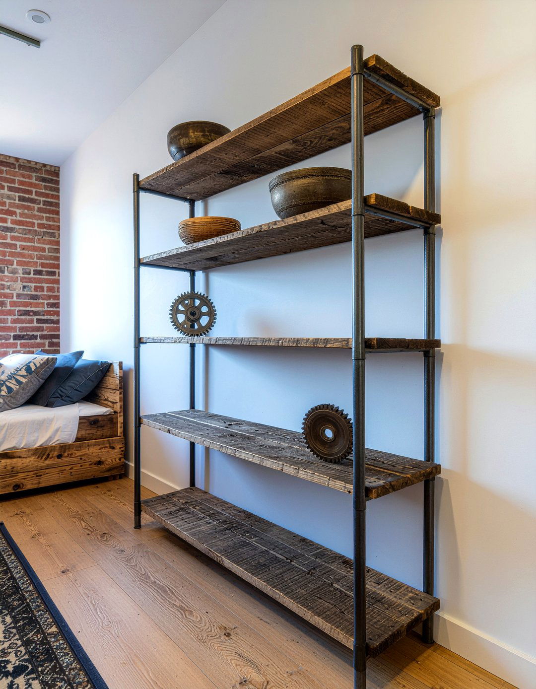 Industrial pipe shelves - 30 bedroom shelving ideas