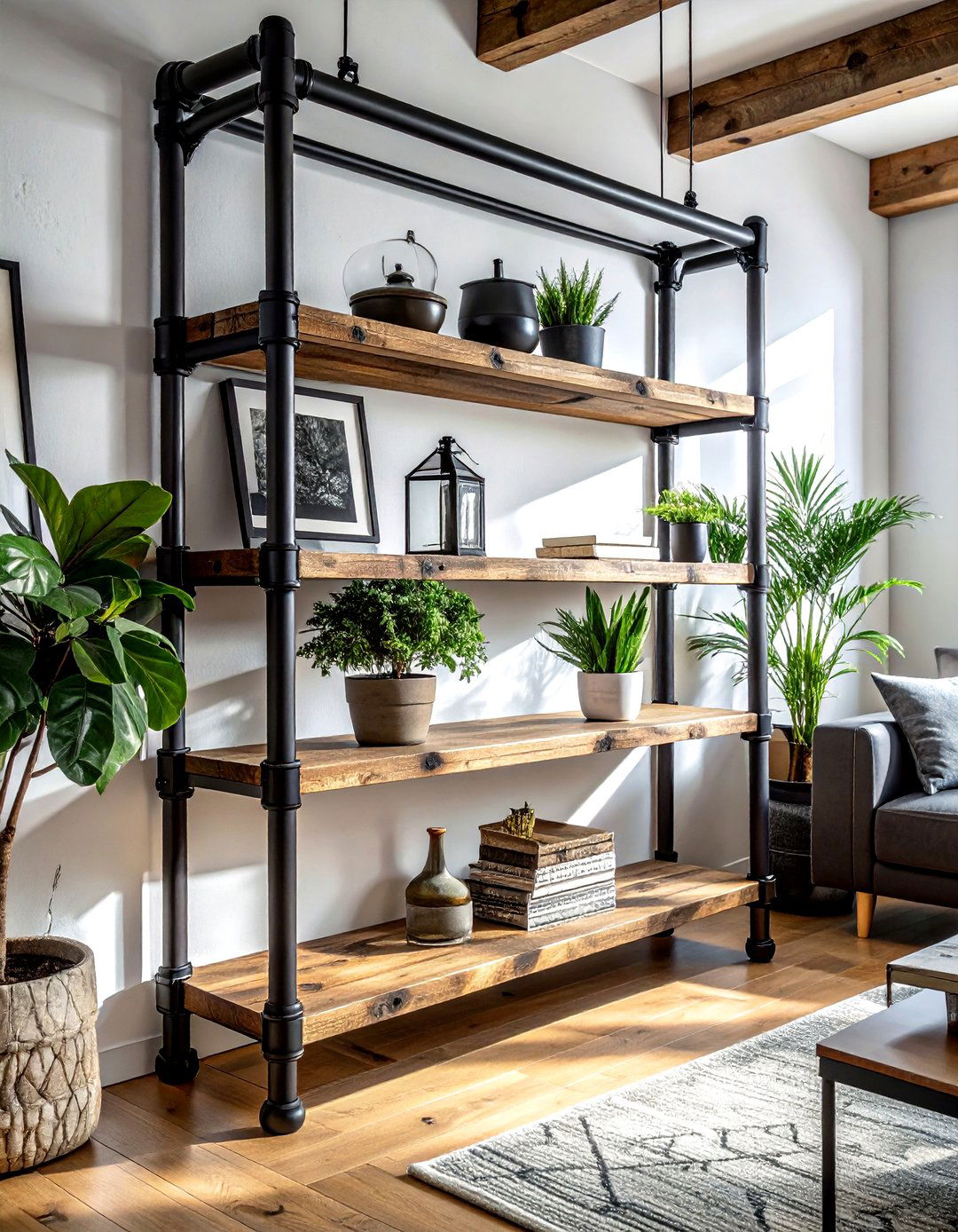 Industrial pipe shelving - 30 living room hanging storage ideas