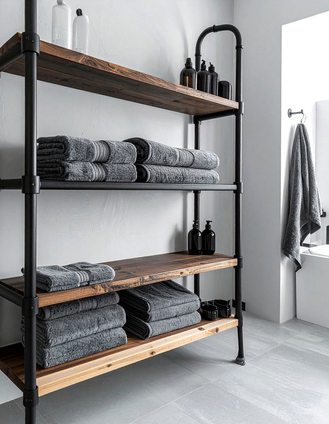 Industrial pipe shelving - 30 bathroom wall decor ideas