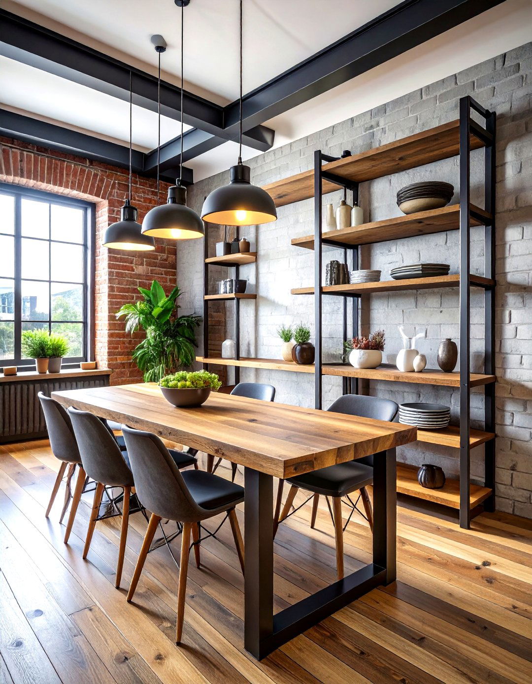 Industrial pipe shelving dining room - 30 dining room overhead storage ideas