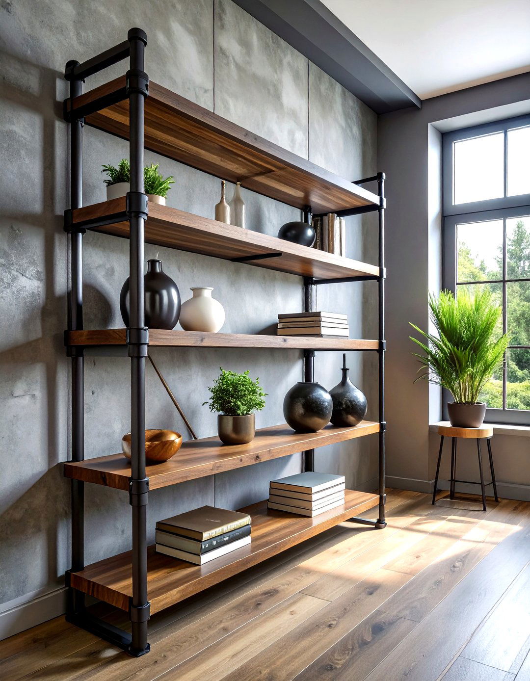 Industrial pipe shelving unit - 30 living room pipe furniture ideas