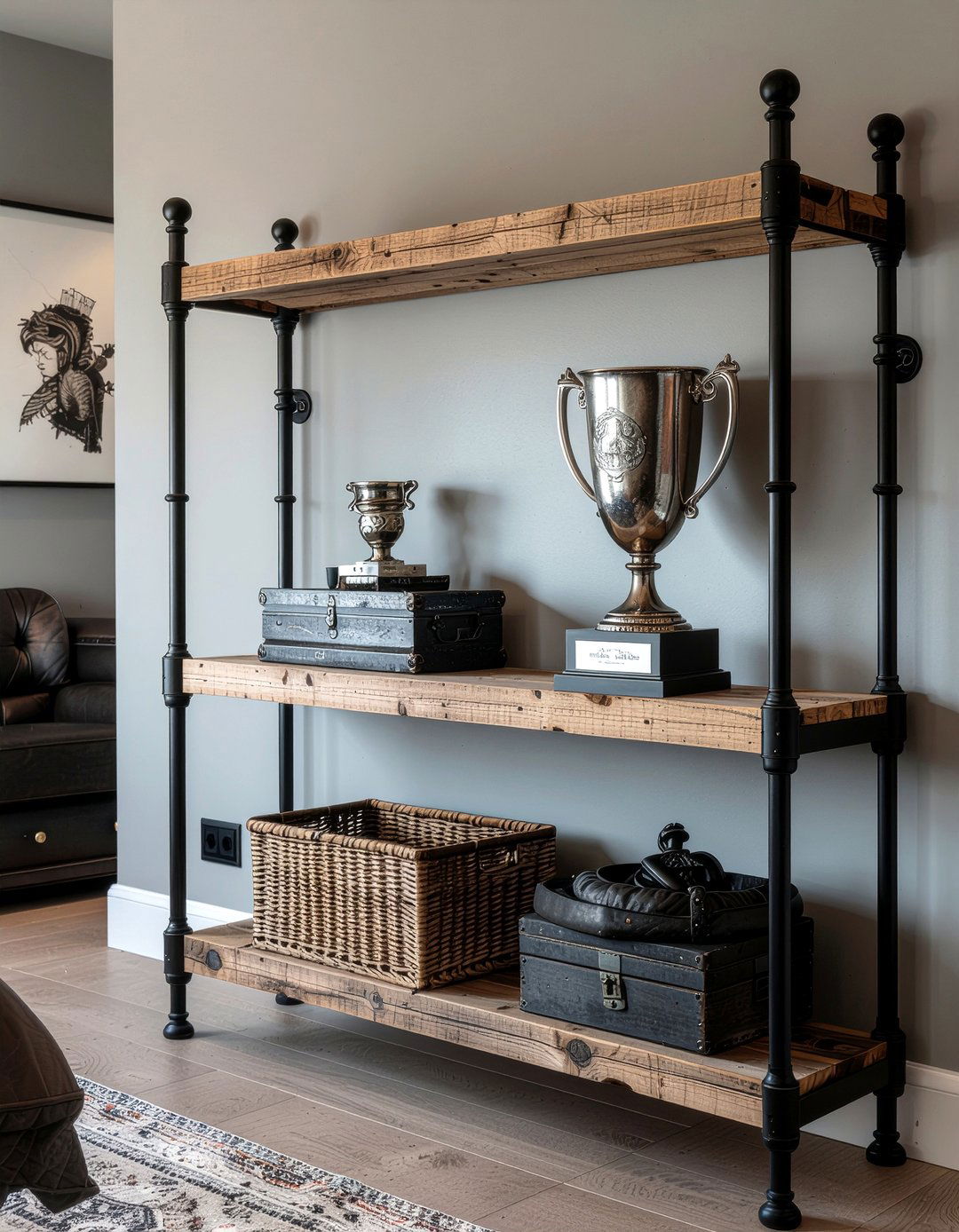 Industrial pipe trophy shelf - 30 bedroom award display ideas