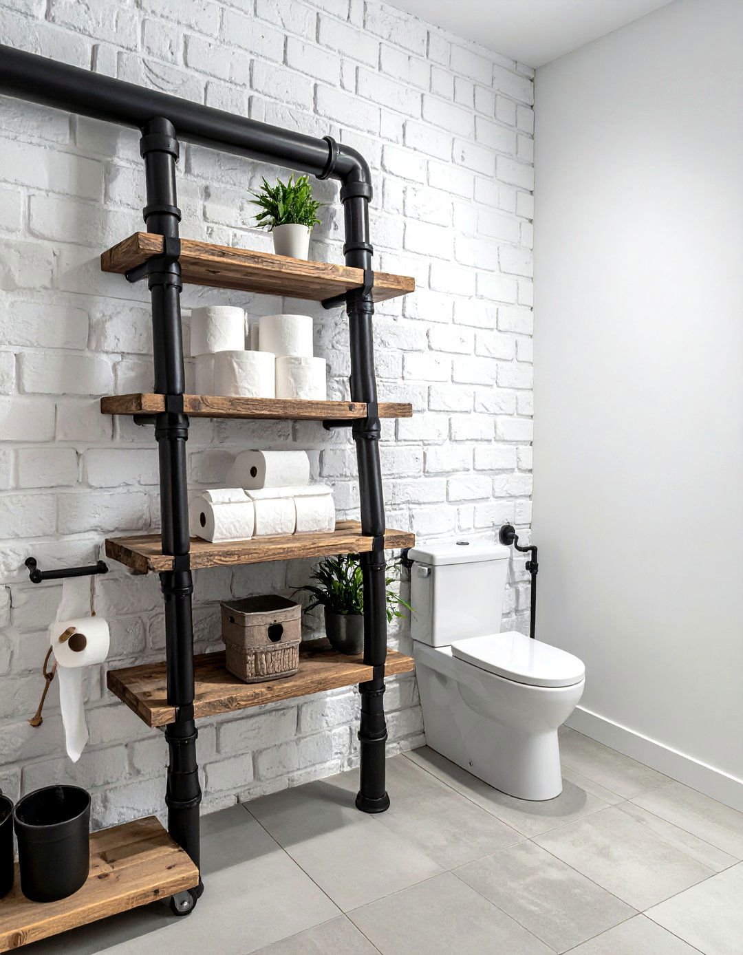 Industrial pipe wall shelving - 30 water closet ideas