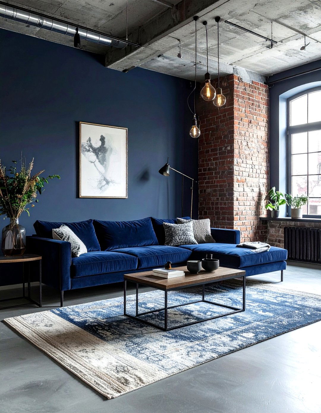 Industrial scandi navy room - 30 scandinavian navy living room ideas