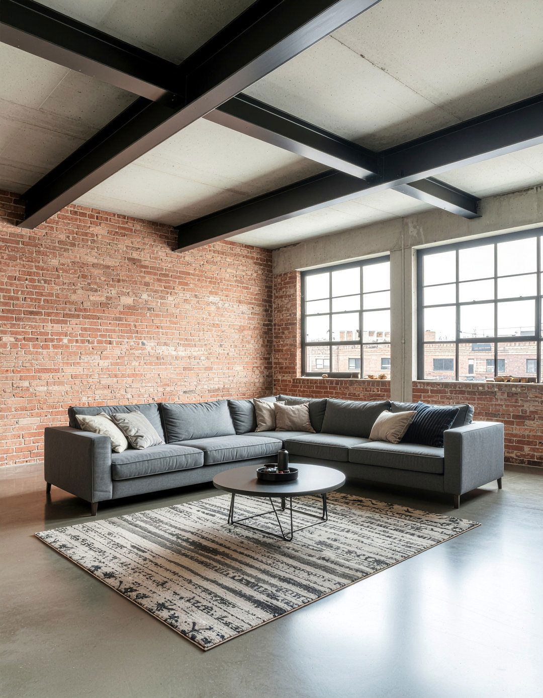 Industrial steel ceiling beams - 30 exposed beam living room ideas