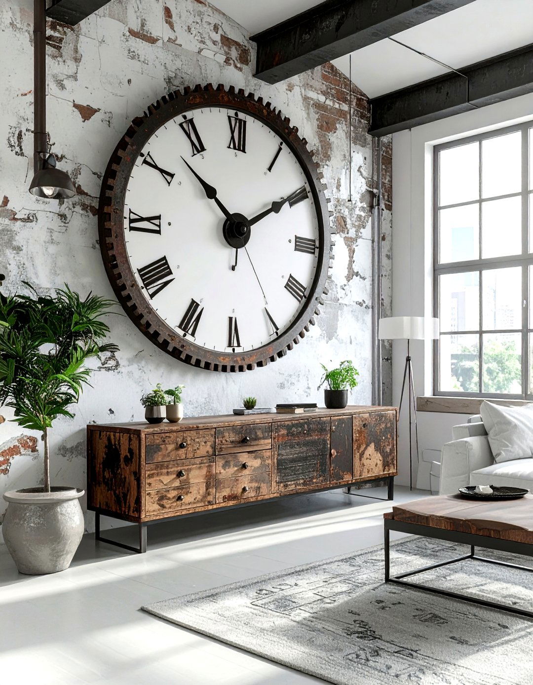 Industrial wall clock - 30 living room industrial furniture ideas