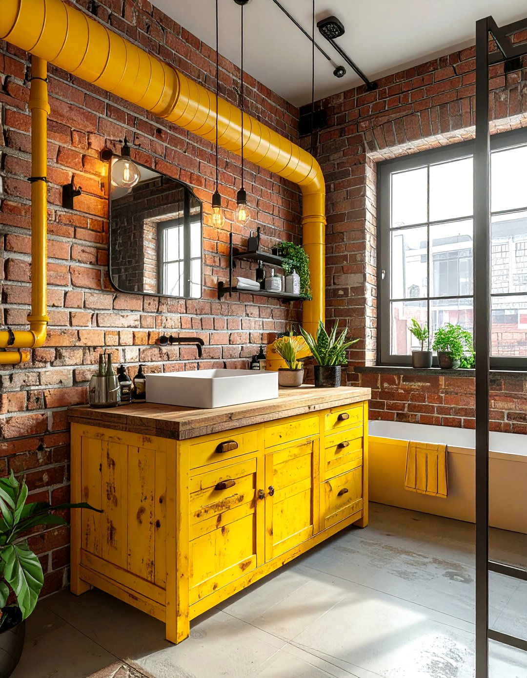 Industrial yellow pipe bathroom - 30 bright yellow bathroom ideas