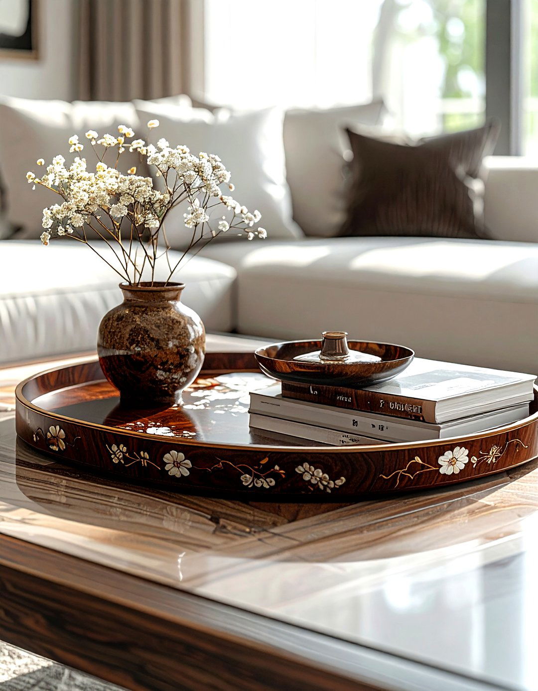 Inlaid wood tray - 30 chinoiserie decor ideas