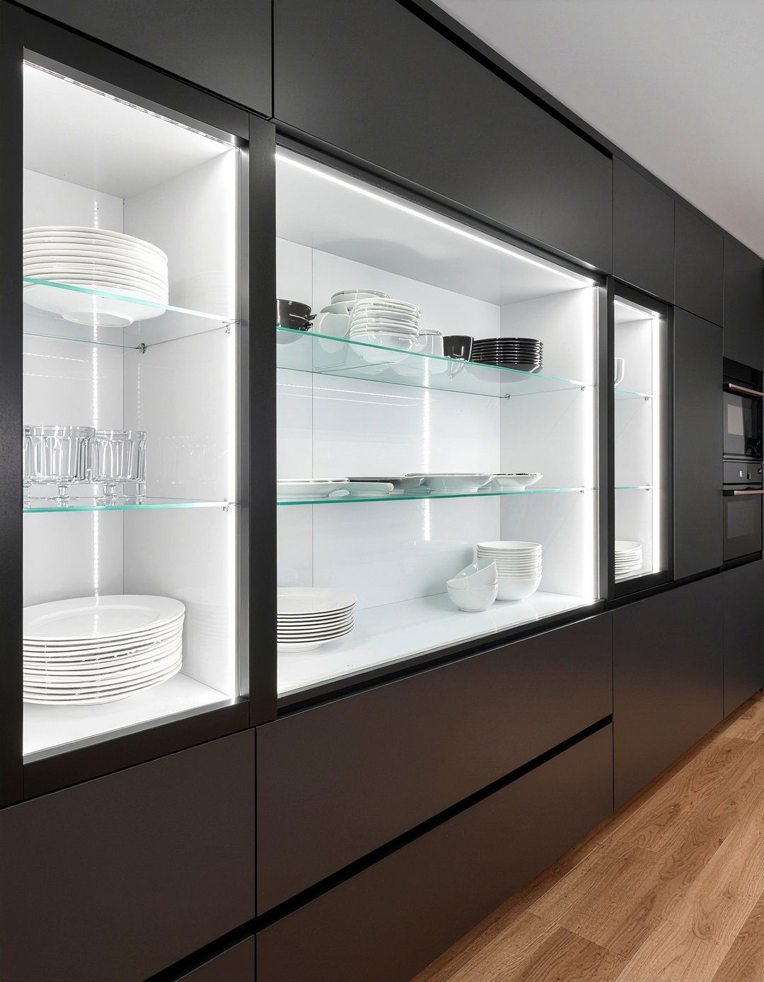 Inside glass front cabinets - 30 LED strip kitchen lighting ideas