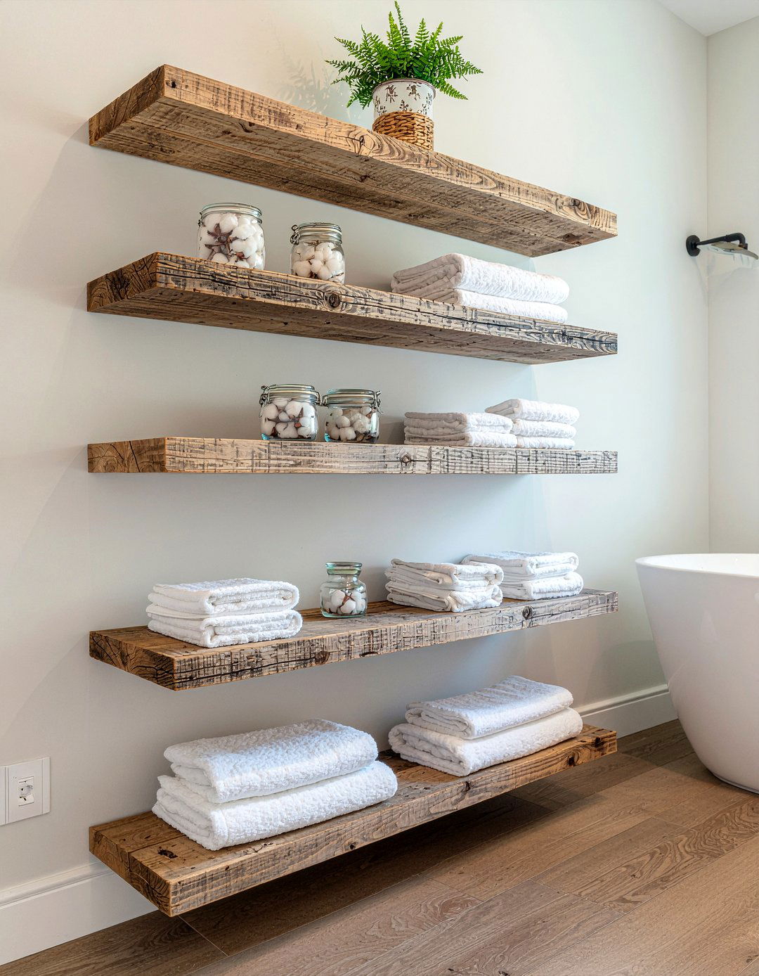 Install floating shelves - 30 low cost bathroom makeover ideas