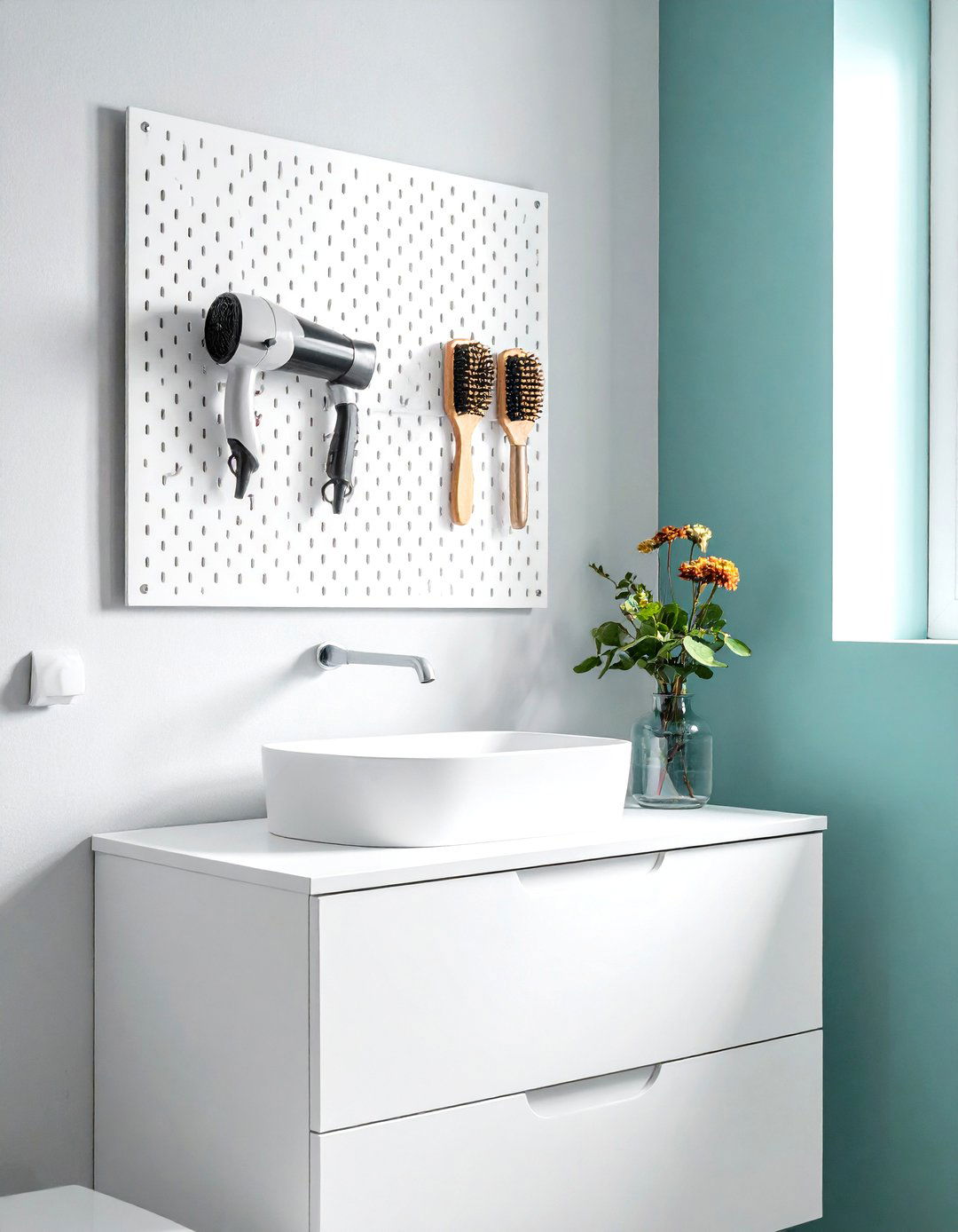Install pegboard storage - 30 weekend bathroom projects