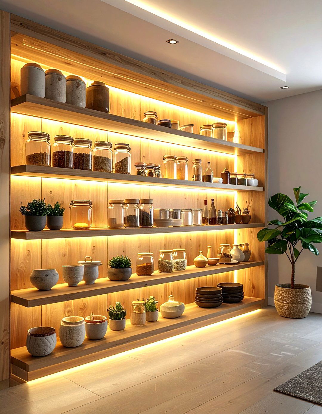 Integrated LED Shelf Lighting - 30 kitchen overhead storage ideas
