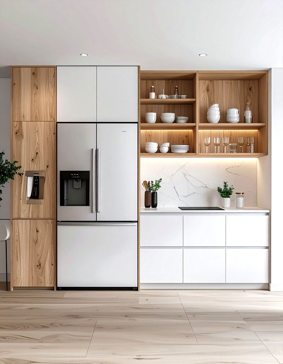 Integrated appliances with open shelving - 30 kitchen high-low mixing ideas