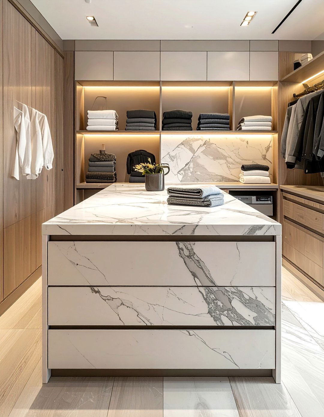 Integrated folding station surface - 30 bedroom closet organization