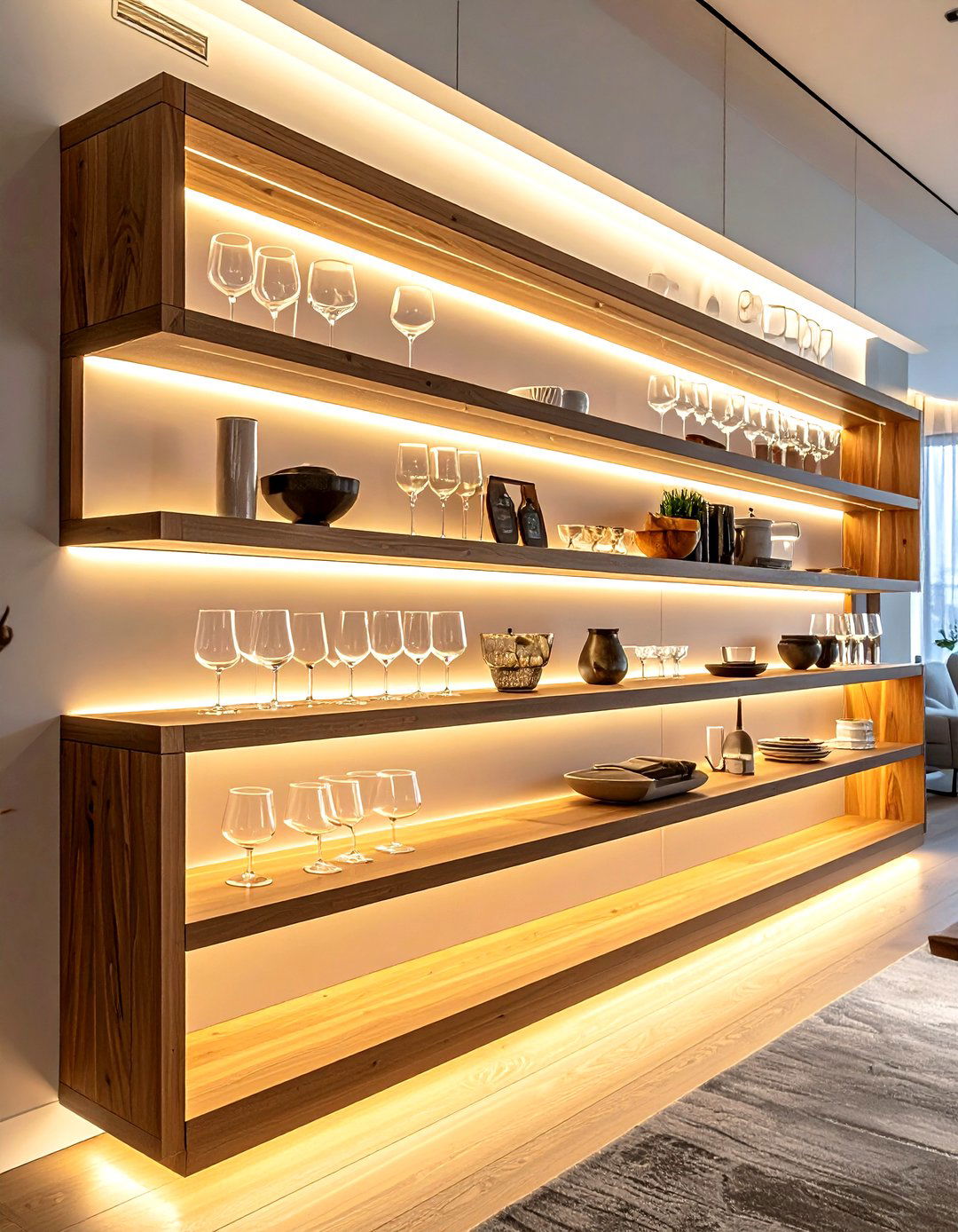 Integrated lighting shelving - 30 dining room wall shelving ideas