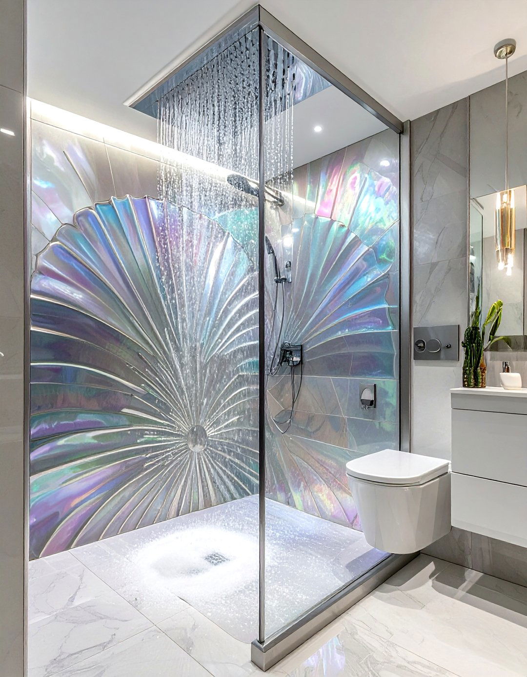 Iridescent Fan Tile Bathroom - 30 fan tile bathroom ideas