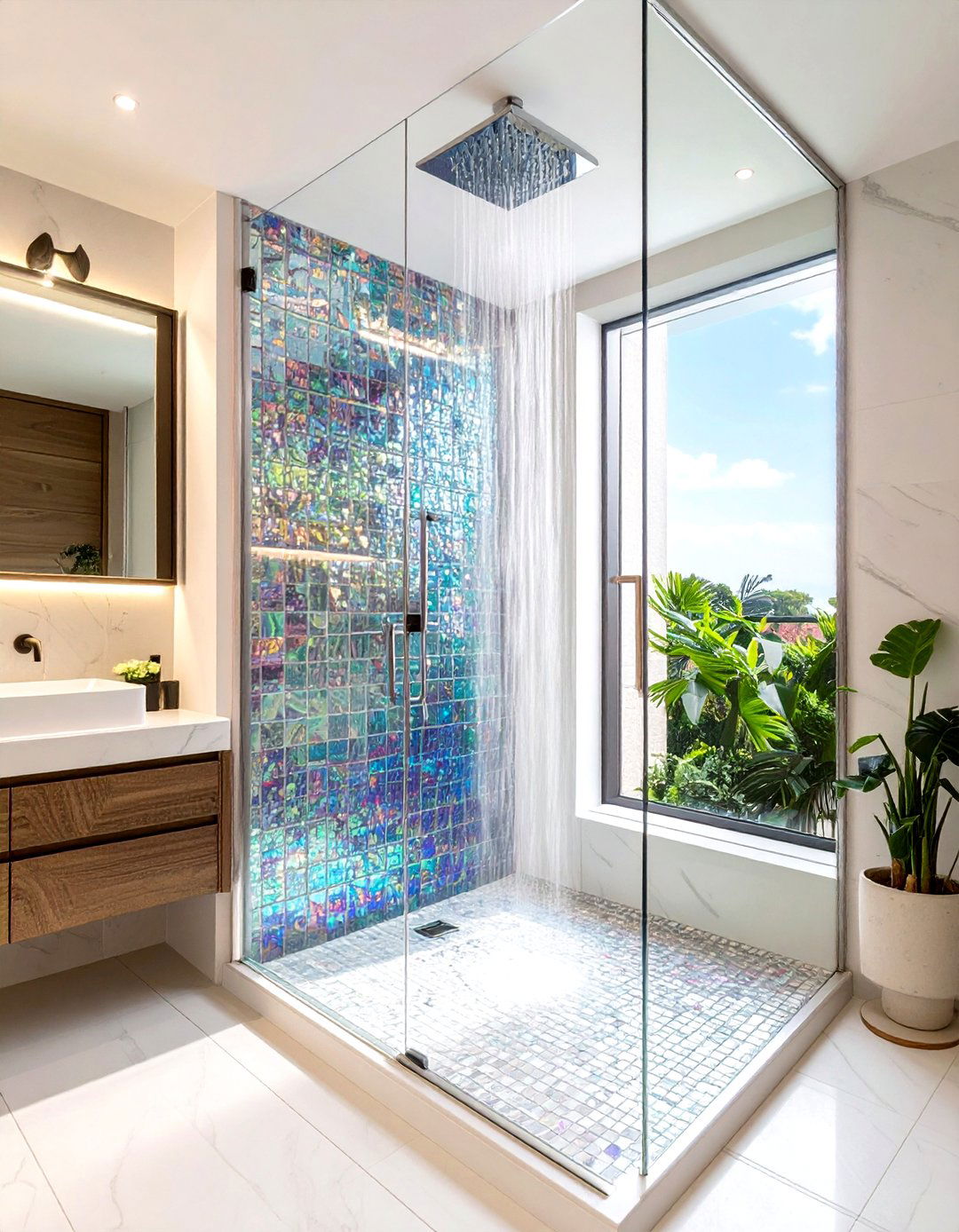 Iridescent Glass Mosaic Shower - 30 glass tile bathroom ideas