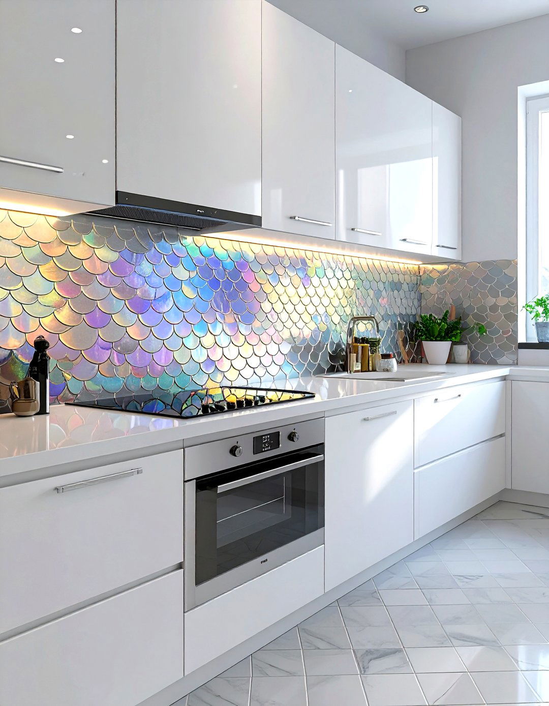 Iridescent fish scale tile kitchen - 30 fish scale tile kitchen backsplash ideas