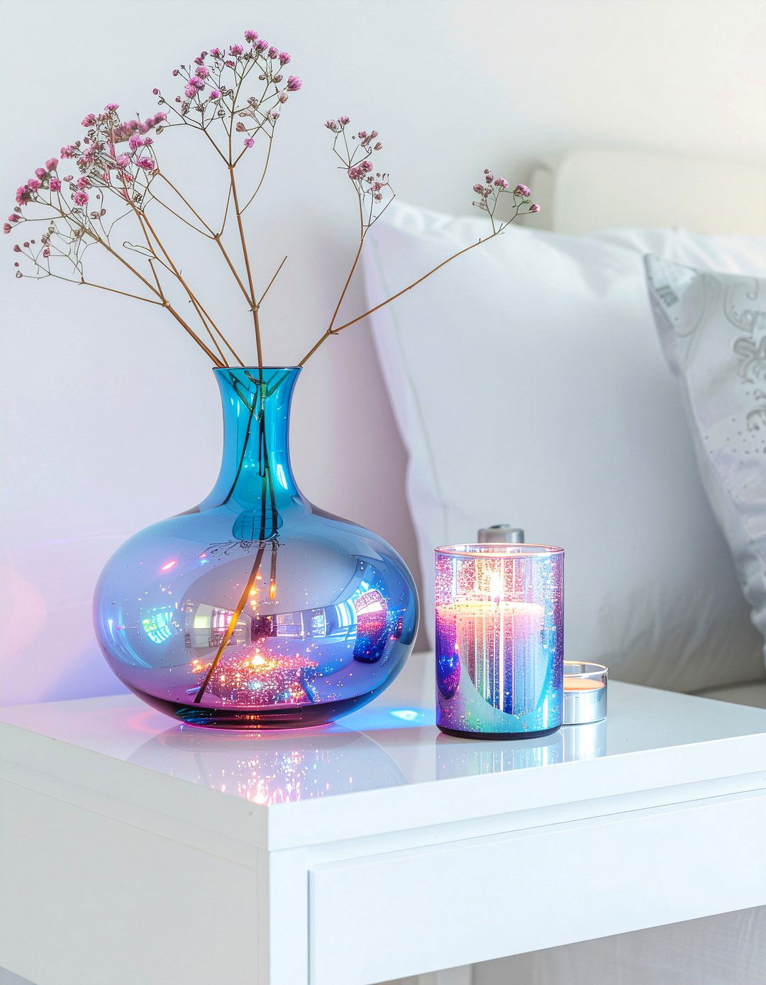 Iridescent glass accessories - 30 galaxy bedroom ideas