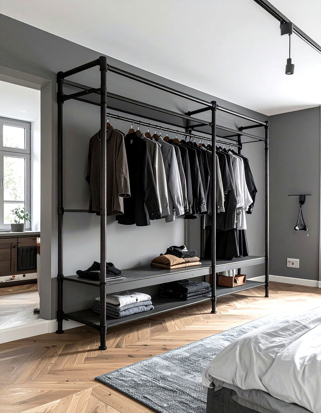Iron Pipe Clothes Rack - 30 industrial gray bedroom ideas