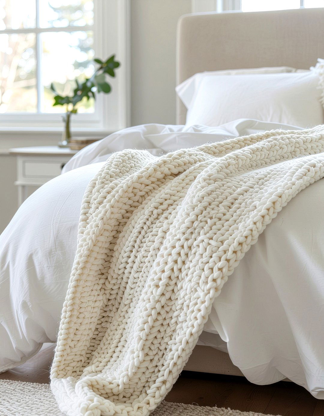 Ivory knit blanket - 30 off-white bedroom ideas