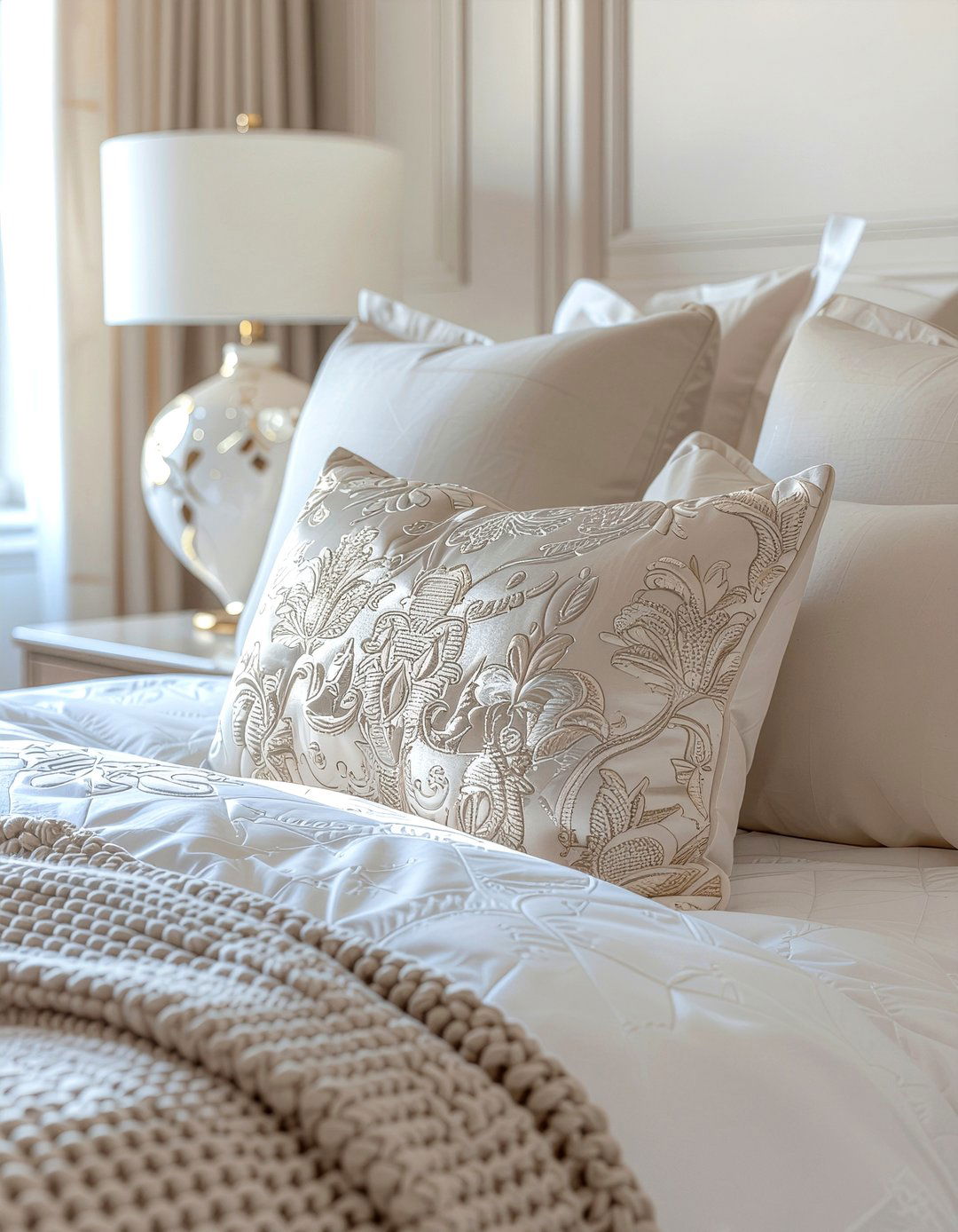 Jacquard fabric pillow - 30 bedroom texture layering ideas