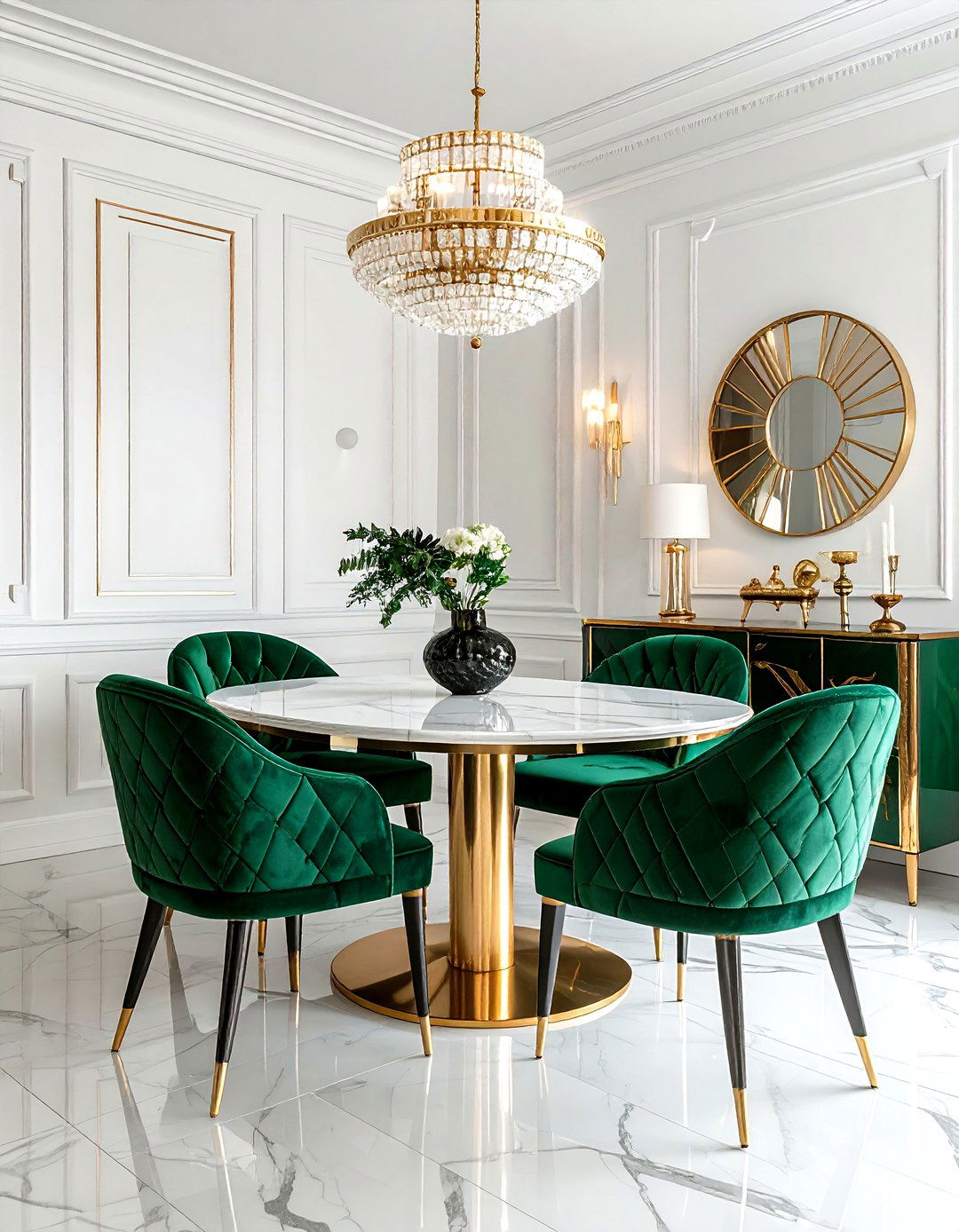 Jade green art deco dining room - 30 green and white dining room ideas