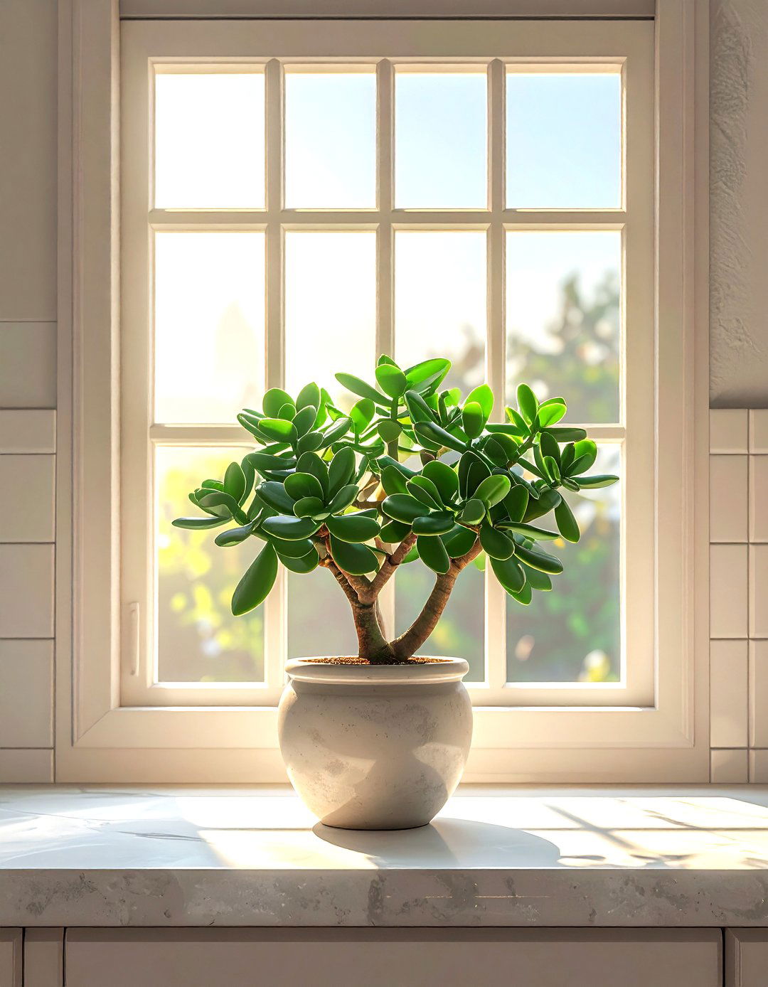 Jade plant on kitchen windowsill - 30 kitchen plant ideas