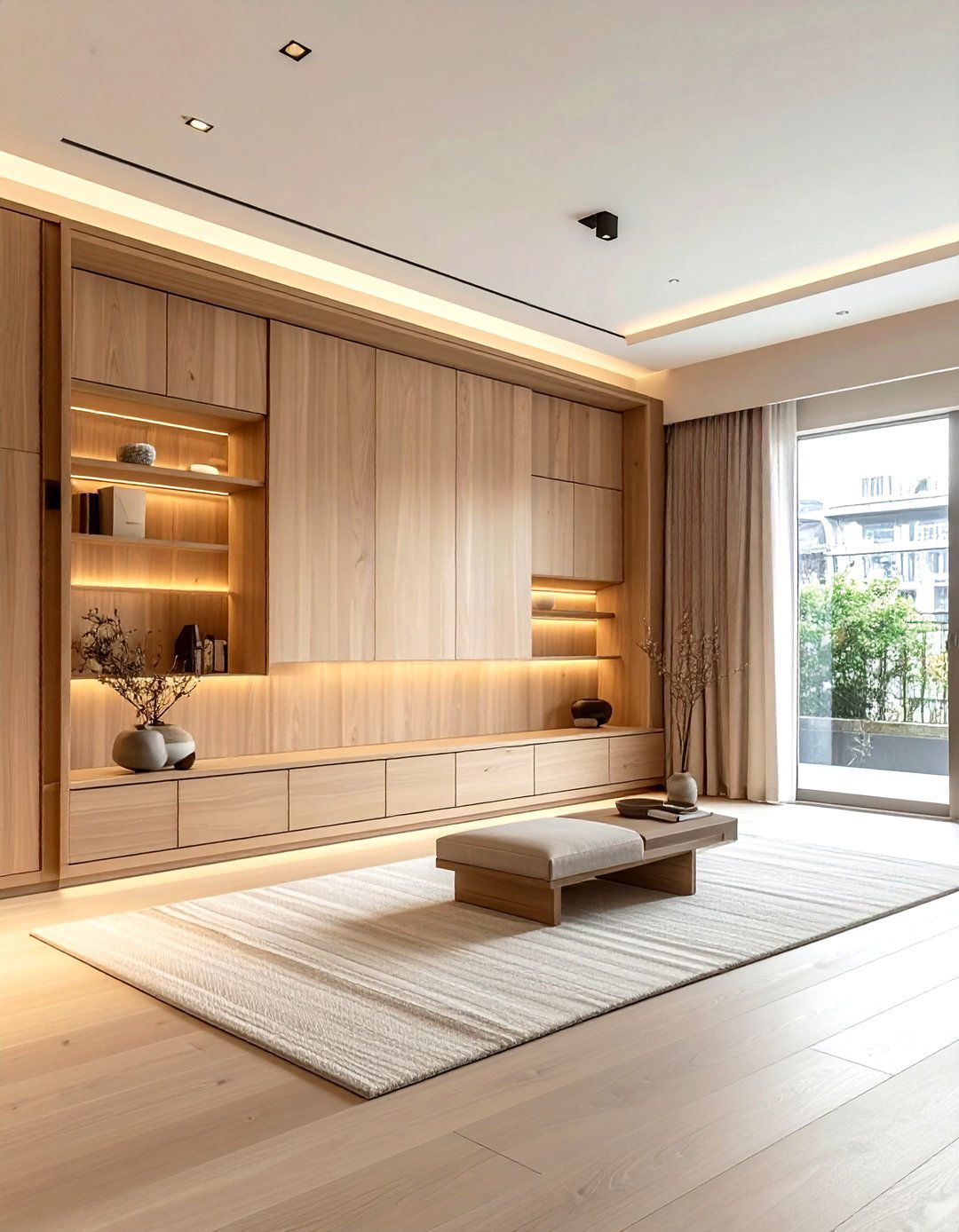 Japandi Style Light Wood Built In Wall - 30 living room built-in entertainment center