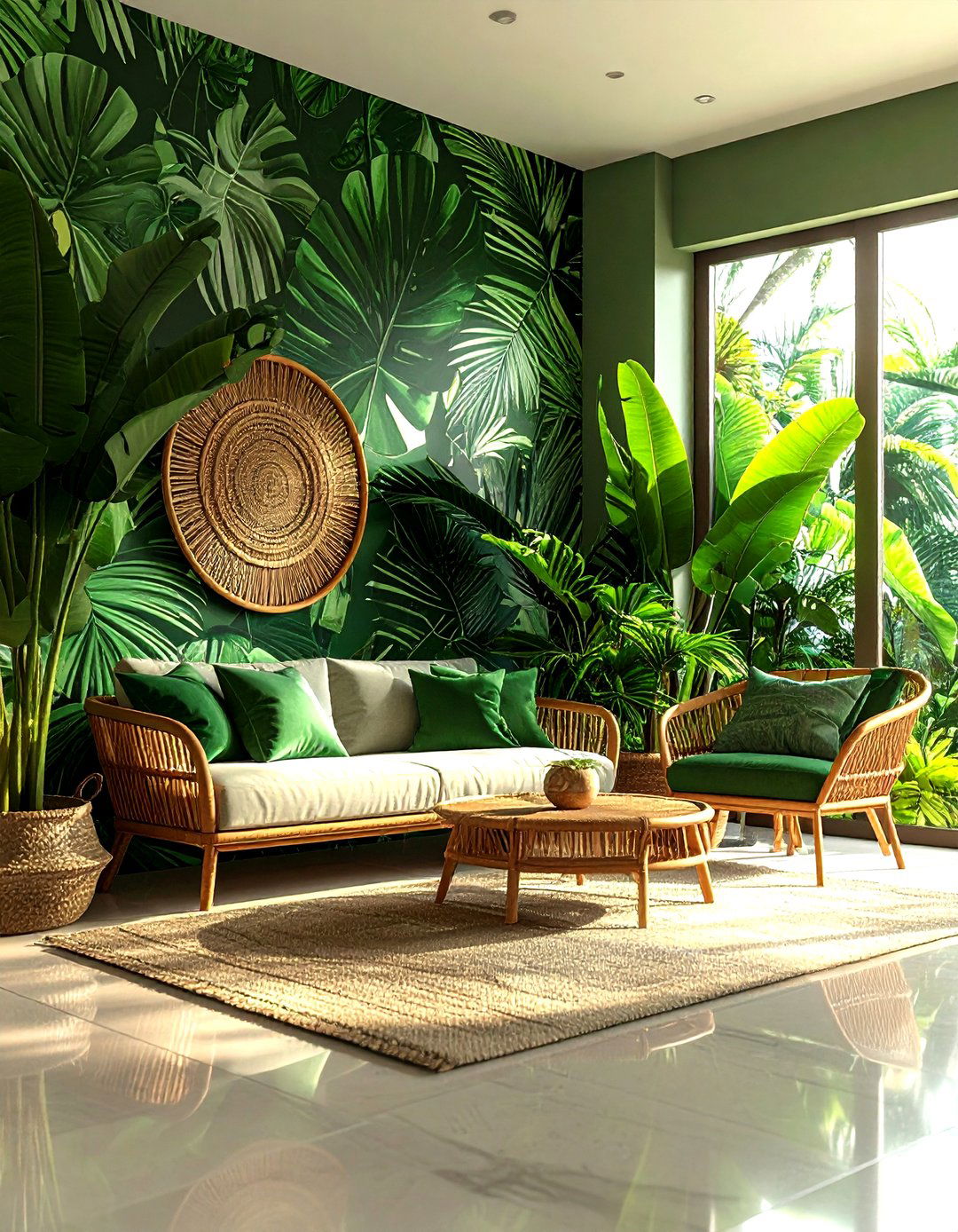 Jungle green tropical living room - 30 green living room decor ideas