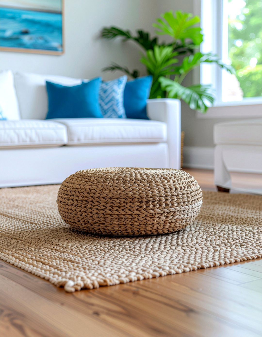 Jute Round Pouf - 30 living room pouf ideas